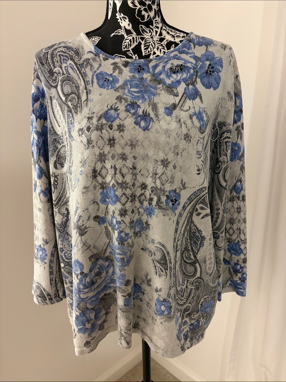 Alfred Dunner Blue and Gray Floral Paisley Scoop Neck Sweater